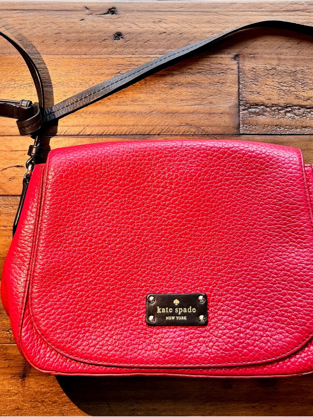 kate spade Red Pebbled Leather Crossbody with Black Strap
